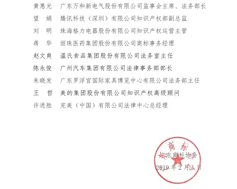 廣東商標協會公布2018年十大商標品牌領軍人物、新銳人物以及十大企業優秀法務（商標）名單