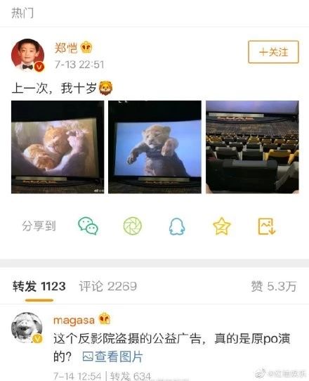 鄭愷拍《獅子王》發微博引爭議？文明觀影不盜攝