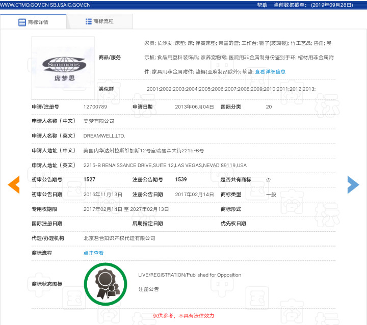 “席一夢一思”不是“席夢思”，駁回！