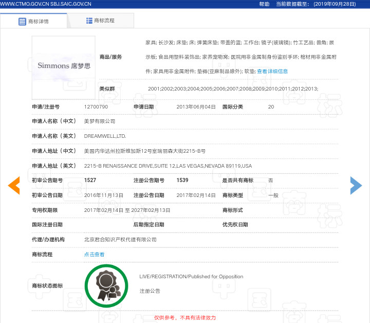 “席一夢一思”不是“席夢思”，駁回！
