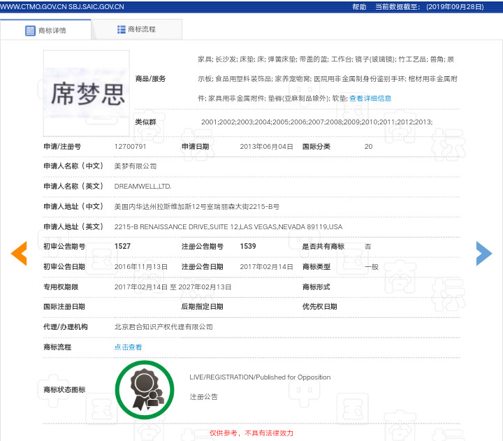 “席一夢一思”不是“席夢思”，駁回！