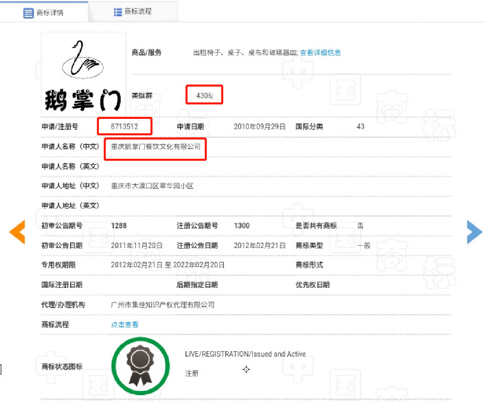 80元起拍5.608萬成交！買家爭搶重慶鵝掌門餐飲商標