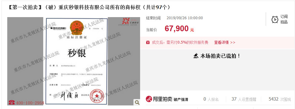 反悔買家補差價2.48萬元！重慶秒銀三項知識產權共拍賣五次