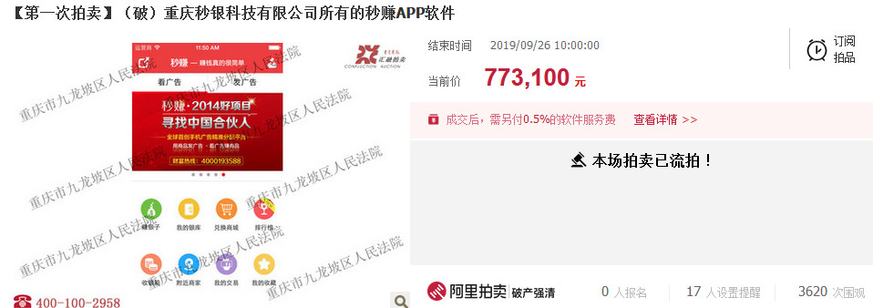 反悔買家補差價2.48萬元！重慶秒銀三項知識產權共拍賣五次
