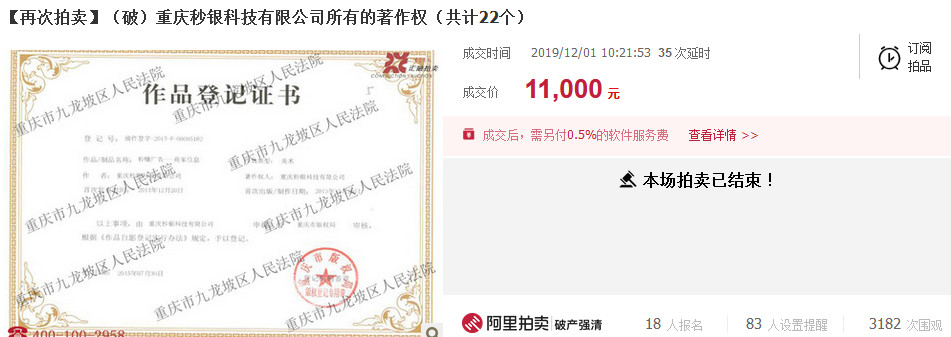 反悔買家補差價2.48萬元！重慶秒銀三項知識產權共拍賣五次