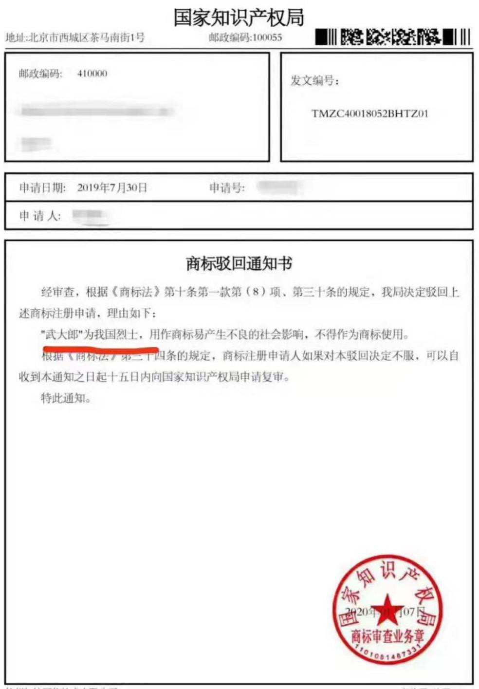 “武大郎”為烈士，商標被駁回，我們該注意什么？