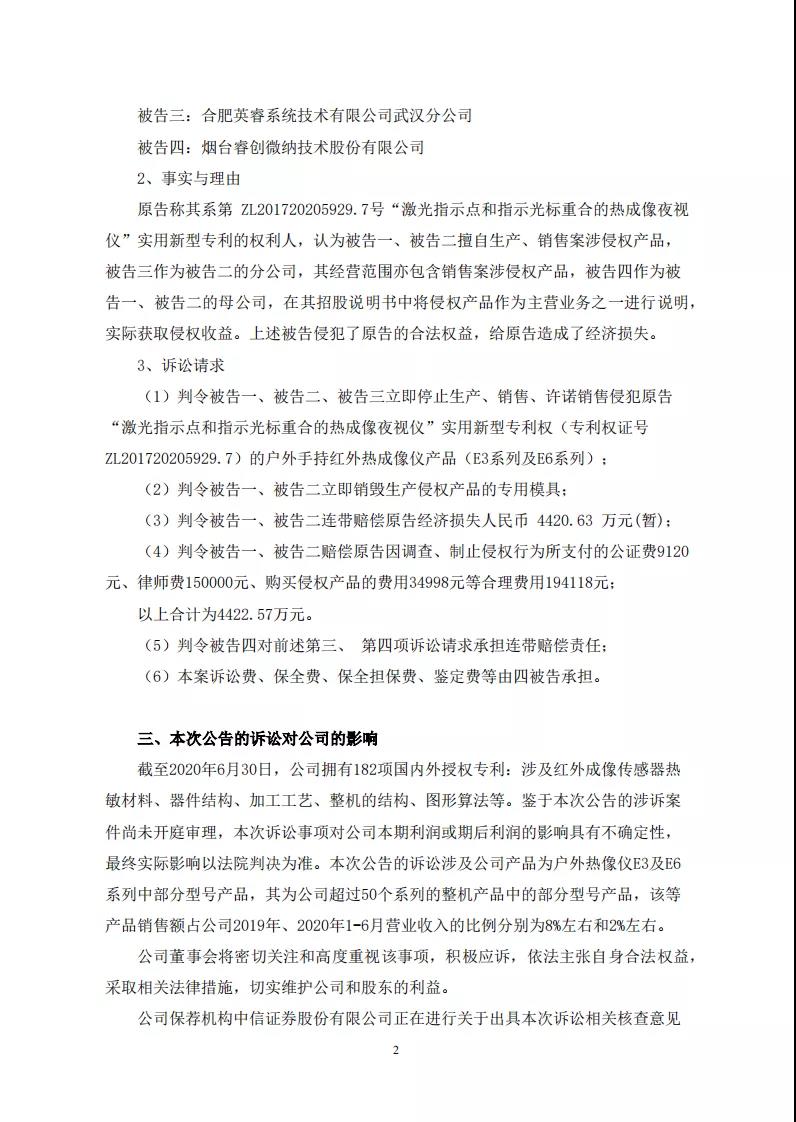 涉案金額4422余萬！睿創微納被控侵害實用新型專利權