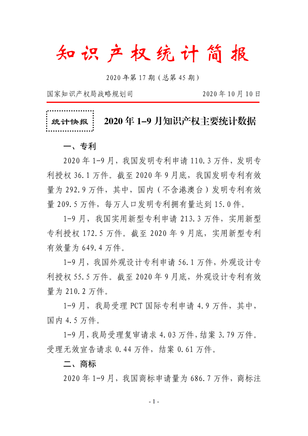 2020年1--9月知識產權主要統計數據（附9月數據）