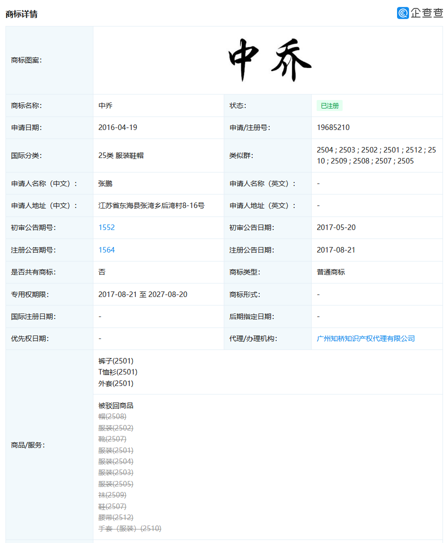 喬丹體育改名中喬體育，第25類“中喬”商標已被他人申請？