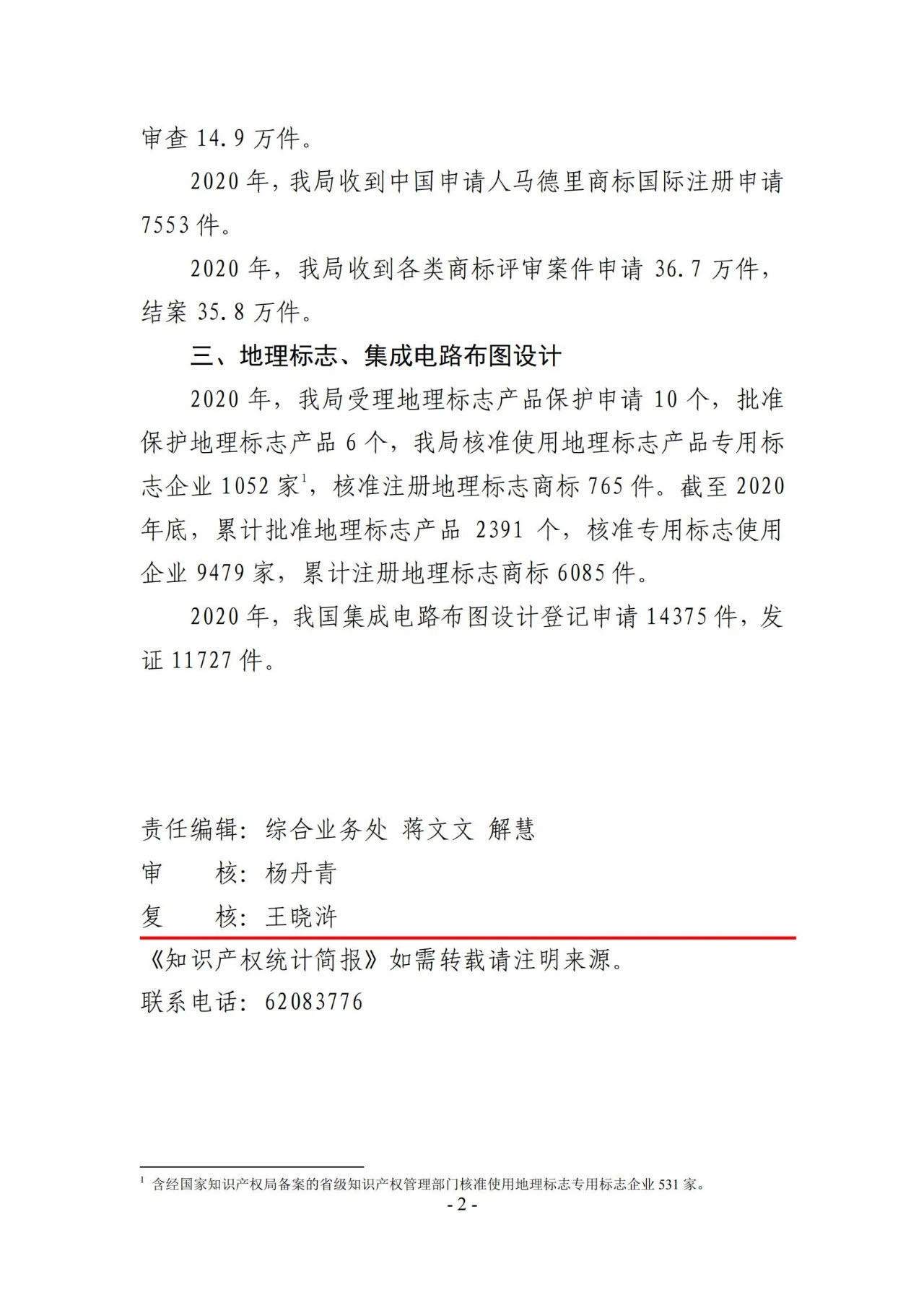 2020年度專利、商標、地理標志等統計數據簡報（2021年第一期）