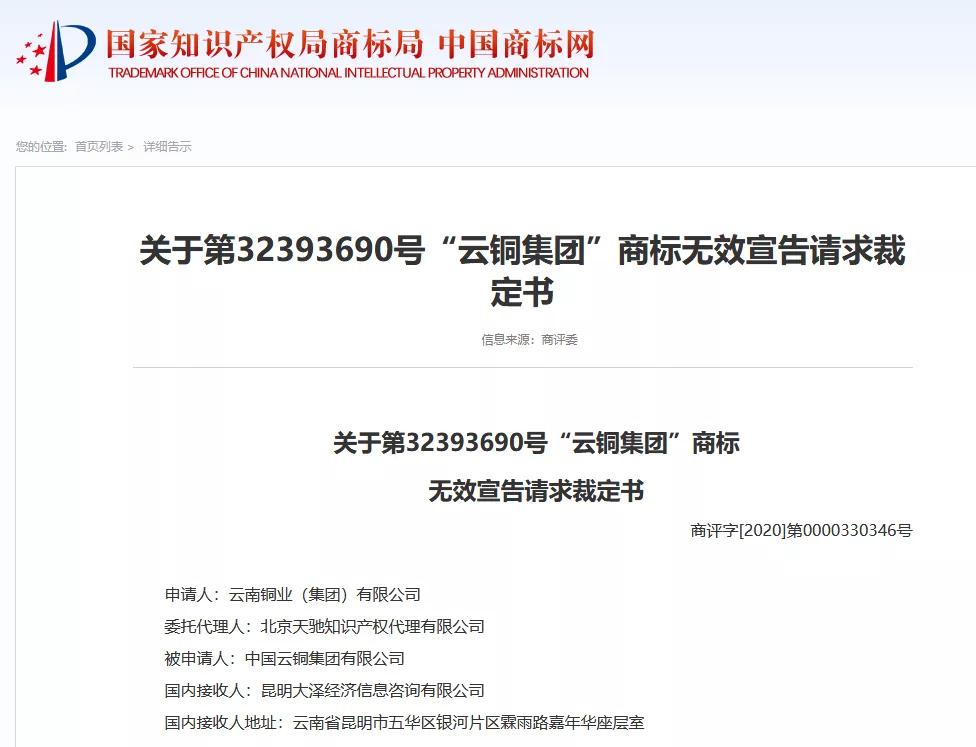 140個“云銅”相關商標被無效！此前被申請人曾以合作為名索取高額轉讓費