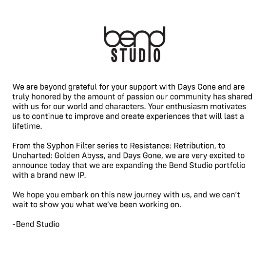 Bend Studio工作室宣布開發全新IP 新作將基于《往日不再》開發的深度開放世界系統