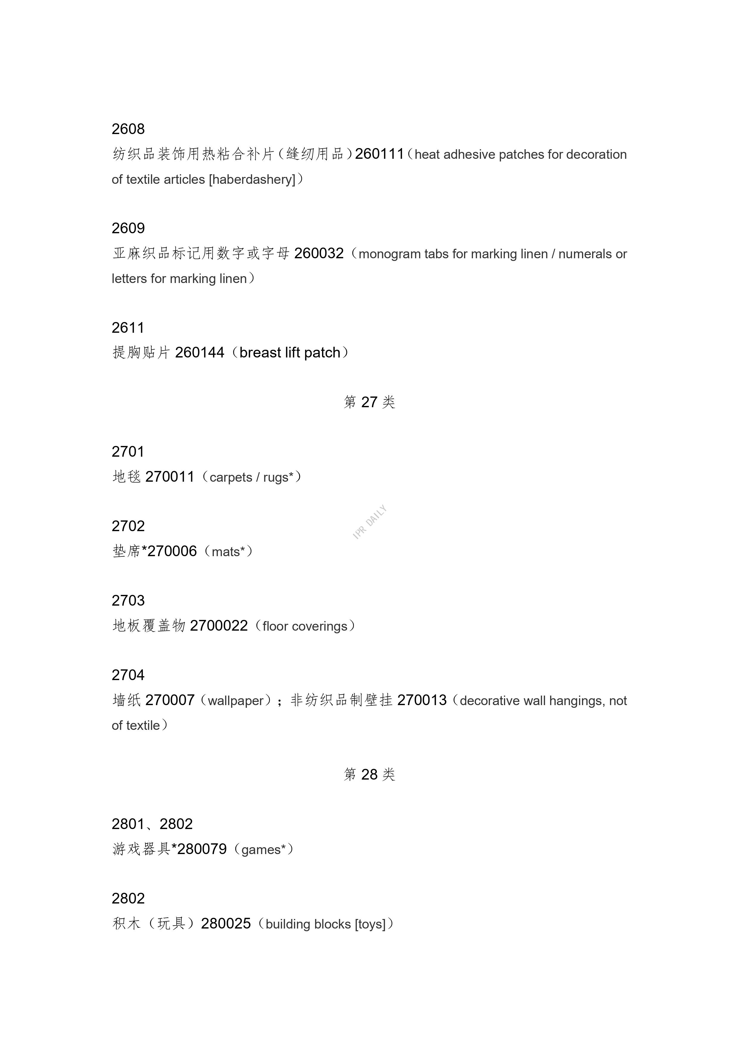 《類似商品和服務區分表》的重點項目及其英文翻譯