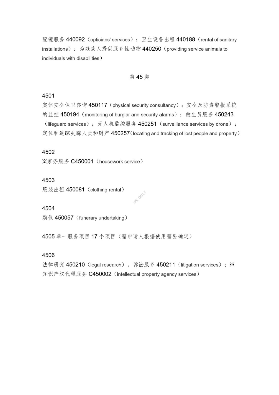 《類似商品和服務區分表》的重點項目及其英文翻譯