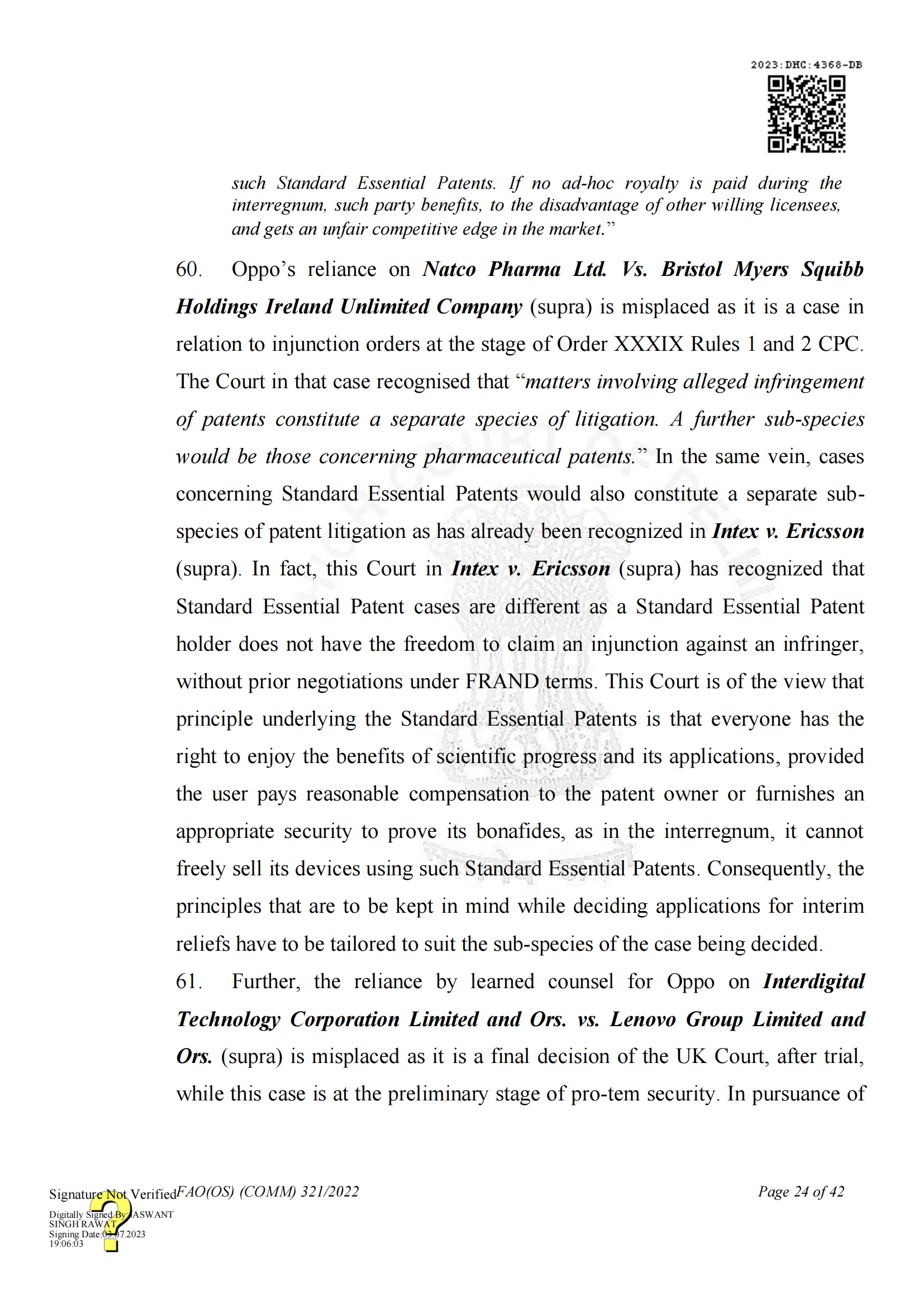 最新進展！印度高等法院要求OPPO支付保證金，因涉嫌侵犯諾基亞5G SEPs｜判決書