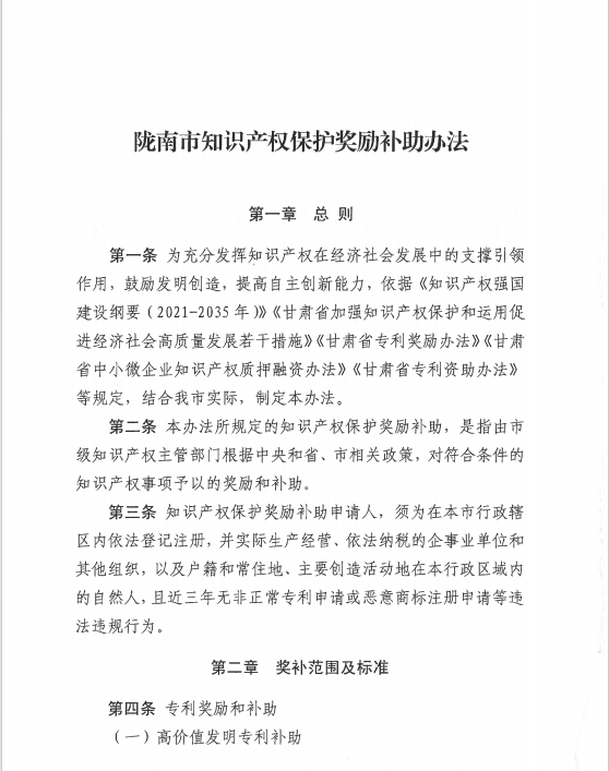 中國專利金獎獎勵30萬元！《隴南市知識產權保護獎勵補助辦法》來啦